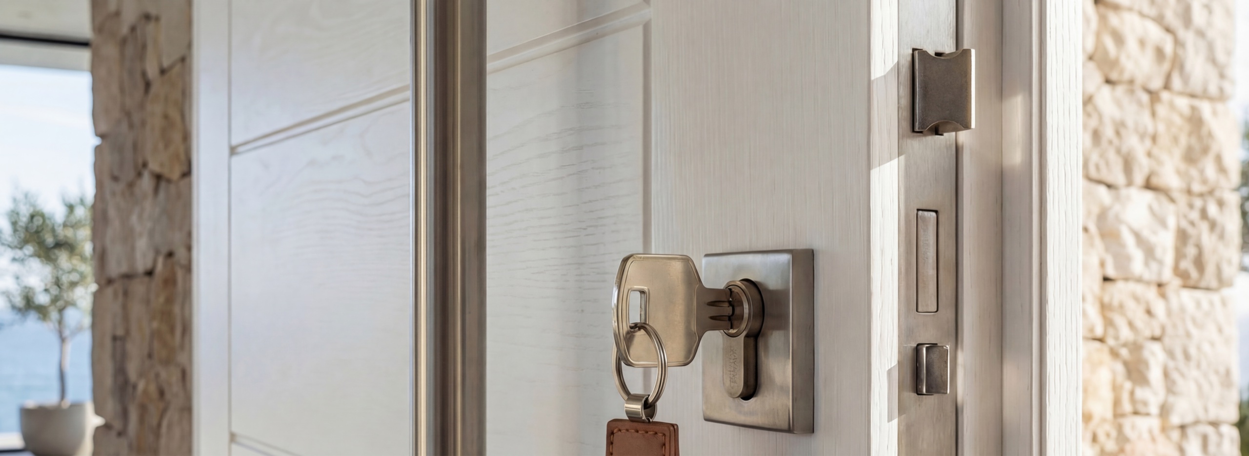 Detalle de llave dorada en cerradura de puerta de entrada